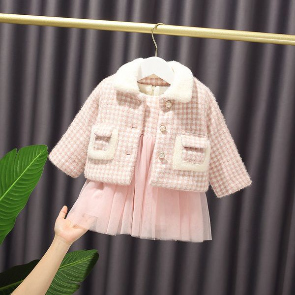 

2020 winter baby girl's sweet plaid + jacket warm fluffy dress fashion fur collar princess suit kidsx1019, White