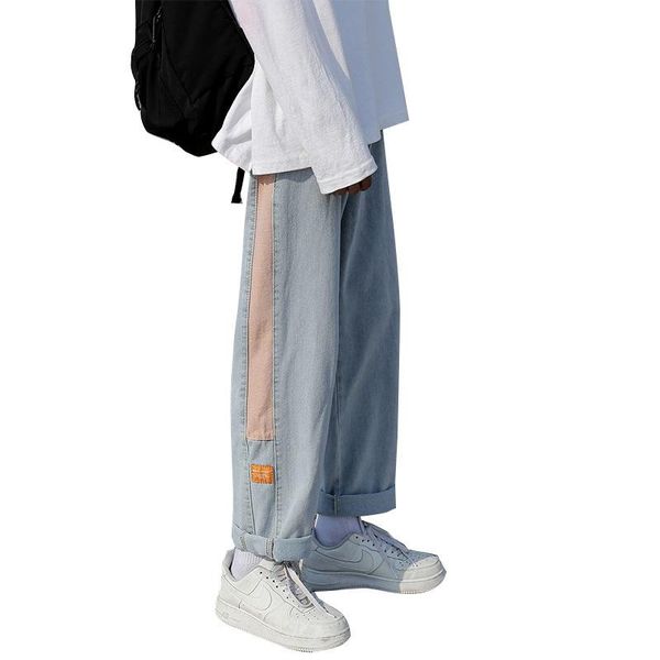 

men's jeans wide-leg striped women's straight loose salt pants 2021 slim and versatile high waist old teenagers harem, Blue