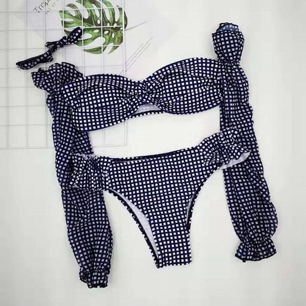 

peachtan vintage plaid bikini set 2020 long sleeve swimsuit female pleated swimwear women push up bathers bathing suit biquini y1120, White;black