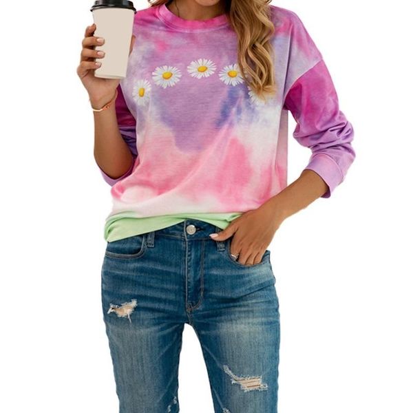 

women's hoodies & sweatshirts 2021 autumn winter womens multicolor casual long sleeve female loose daisy printed tie dyeing pullovers, Black