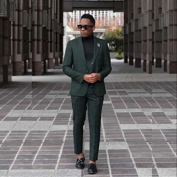 

men's suits & blazers green men suit notched lapel plaid blazer jacket tuxedos groom wedding costume mariage homme 3 piece coat, White;black