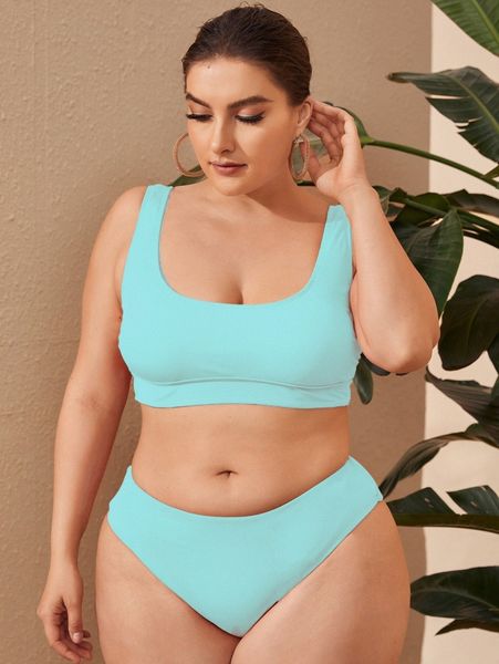 

plus solid high waisted bikini swimsuit l1wd#, Black