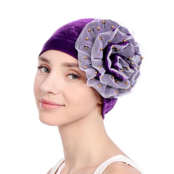 

new gold velvet beaded pan flower hat double-layer mesh edging large flower headscarf hat muslim spot, Blue;gray
