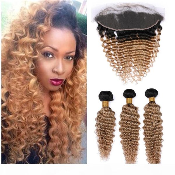

deep wave honey blonde lace frontal with bundles two tone 1b 27 ombre hair with ear to ear lace frontal 4pcs lot, Black;brown