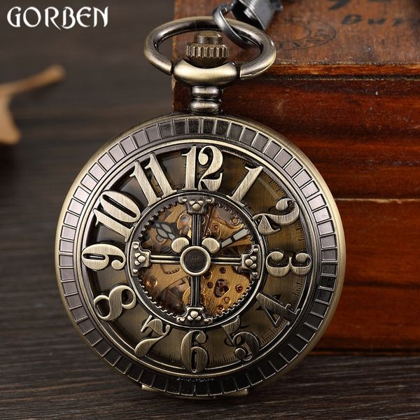 Retro Bronz Hollow Dijital Numarası Arama Mekanik Cebi Bel Zincir Vintage Steampunk Klasik Erkek Saat Cebi T200502