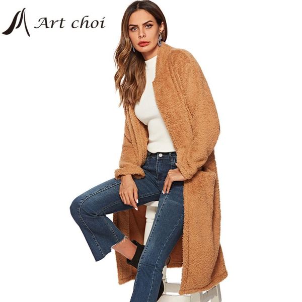 

women's fur & faux 2021 thick winter women casual elegant brown jackets warm cardigan coats plush overcoat outerwear big pocket mujer, Black