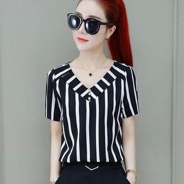 

women spring summer style chiffon blouses shirts lady casual v neck striped black blusas df2733, White