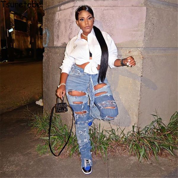 

tsuretobe streetwear patchwork jeans woman high waist ripped jeans for women y2k baggy jeans 2020 straight pants female y1214, Blue