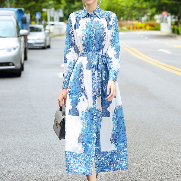 

new autumn retro style print long sleeve belt elegant thin temperament mid length dress women clothing na26, Black;gray