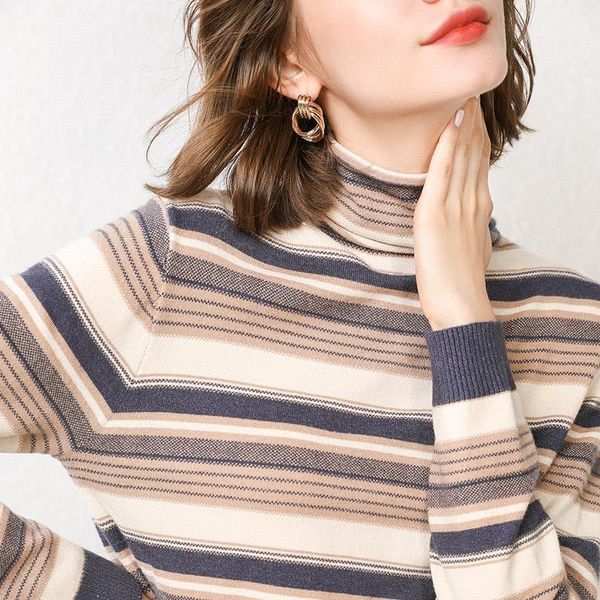 

2021 autumn and winter cashmere sweater pile high collar womens pullover sweater striped slim bottoming shirt loose large size, White;black