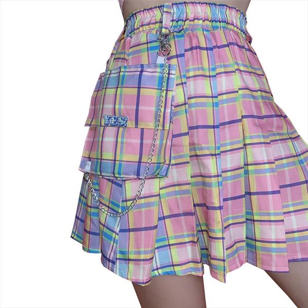 

new mini gothic women skirt harajuku kawaii high waist dance skirts wild pink sweet plaid pleated skirt female chain, Black