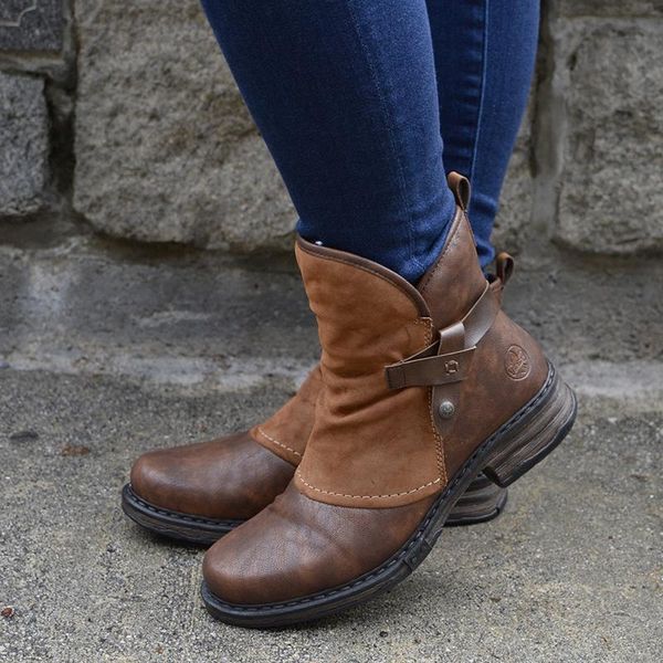 

women winter boots pu leather plush zipper buckle low heel fashion female plush short boots patchwork, Black