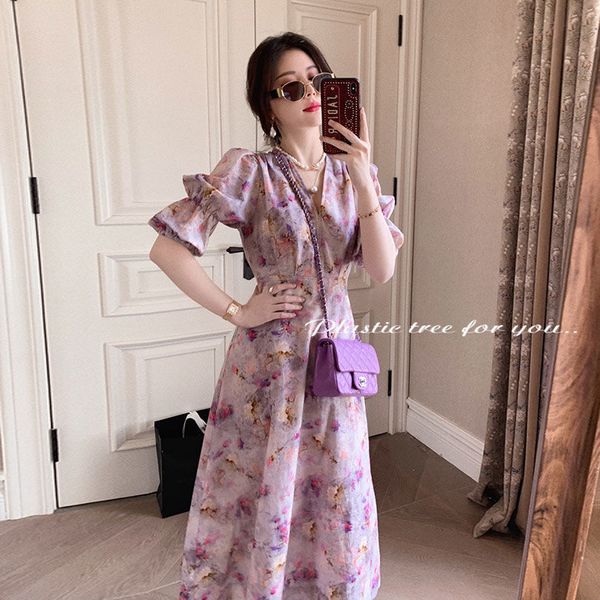 

2021 new new v-neck floral women puff sleeve long elegant korean style female clothes slim fashion retro dress summer h5xs, Black;gray