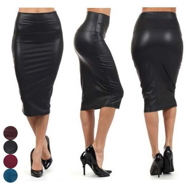 

2020 новые женщины с высокой талией искусственной кожи карандаш юбка bodycon юбка твердые сексуальные ol office юбка юбка дона длиной до кол, Black