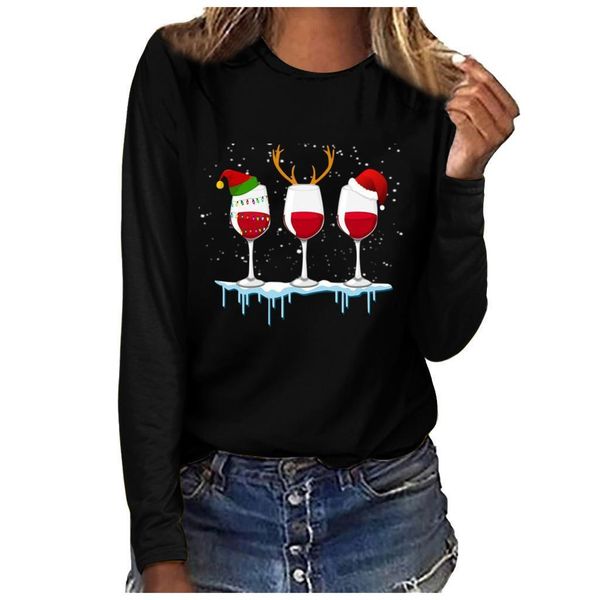 

wine pattern women tshirt fashion casual christmas print long sleeve o-neck pullover polera mujer tshirt women t-shirts, White