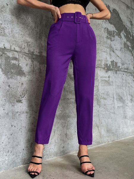 

solid belted tapered pants 534u#, Black;white