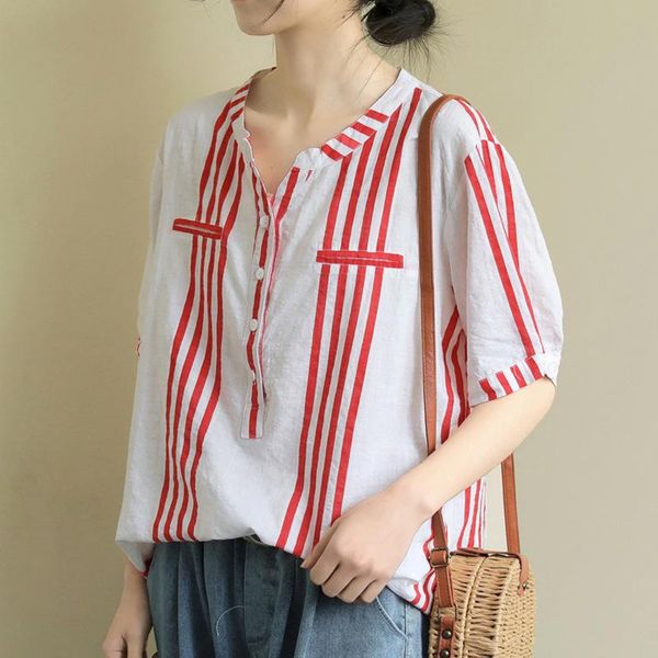 

loose literary short-sleeved shirt summer new v-neck stripes wild casual breathable cotton and linen jacket women kg-72, White