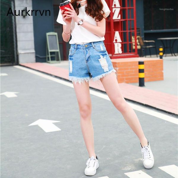 

aurkrrvn summer shorts women's denim ripped hole pocket women straight denim shorts tassel female office lady casual1, Blue