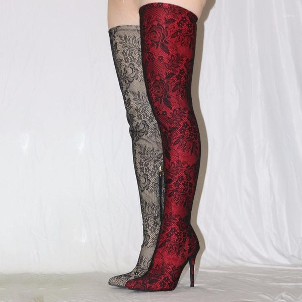 

boots 2021 autumn shoes woman thigh high stretch fabric pointed toe embroider over-the-knee design heels b1, Black