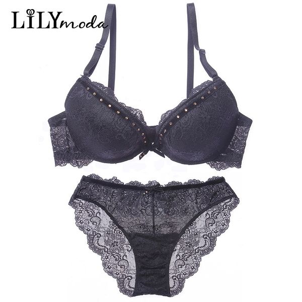 

lilymoda women luxury lace rhinestone bra and underwear panty set push up 3/4 cup brassiere ladies bra brief set lingerie y200415, Red;black