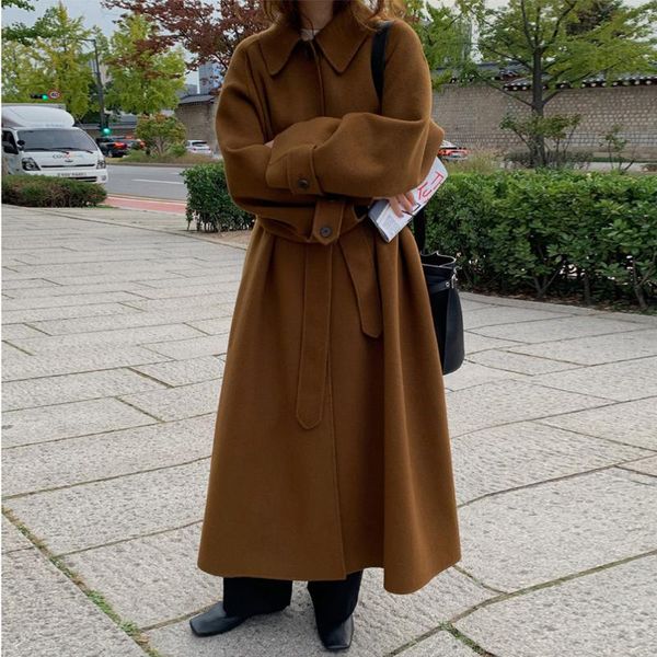 

yourseason 2021 winter new ladies korean long wool coat solid color turn down collar women fashion loose bandage coats, Black