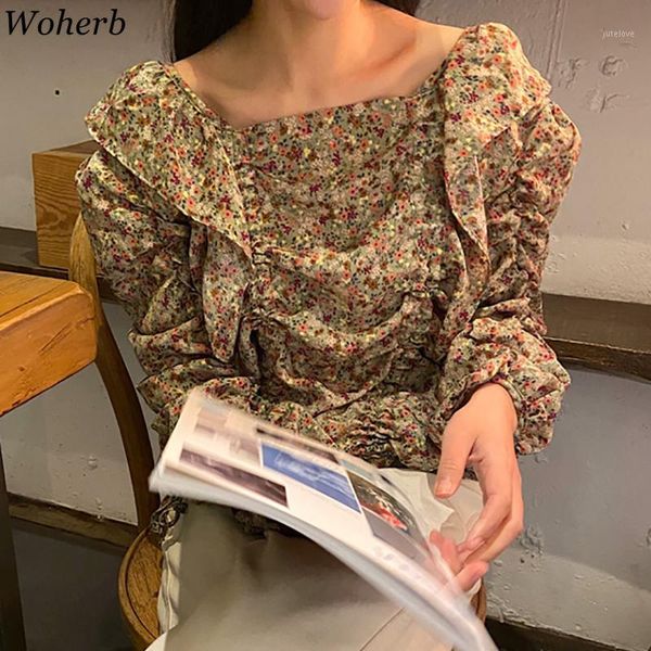 

woherb korean modis spring summer retro women square collar floral blouse ruffles pleated blusas long sleeve elegant shirt1, White