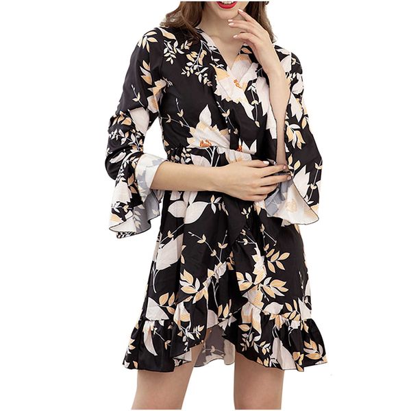 

women's printed tunic waist slim long sleeve beach spring autumn fashion wear elegant vestido vetement femme, Black;gray