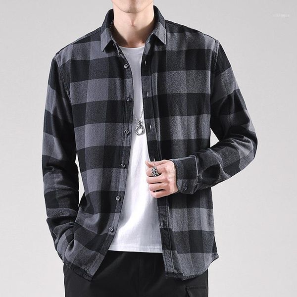 

spring autumn men shirts plaid vintage casual turn-down collar full sleeve cotton wild shirts male sanding1, White;black
