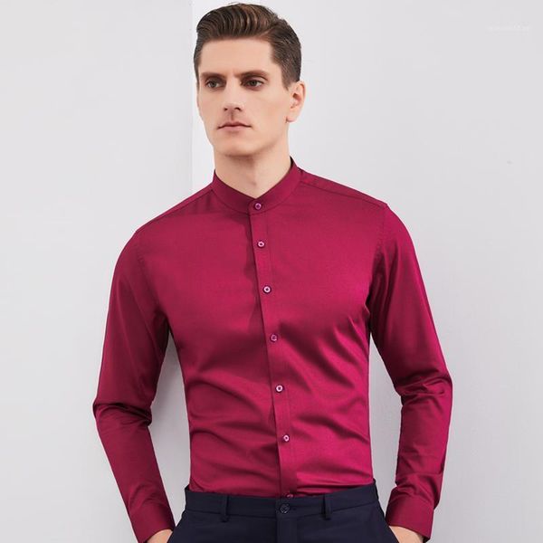 

men's banded collar (mandarin collar) long sleeve shirt pocket-less design bamboo-fiber casual standard-fit easy-care shirts1, White;black