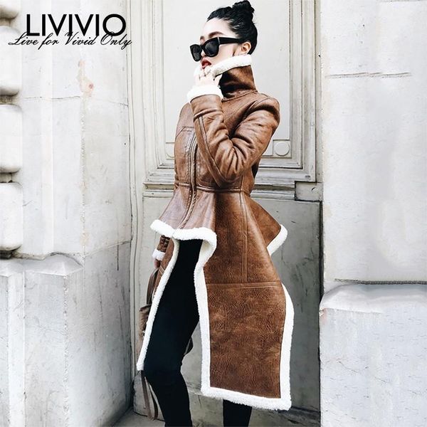 

livivio] irregular fleece coats pu leather turtleneck zipper midi long coat winter thick female large size tide clothing1, Black