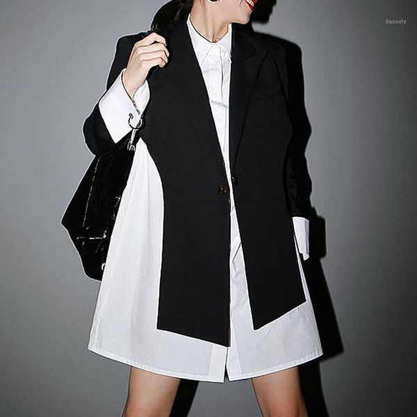 

seebeautiful vintage notched collar long sleeve button loose single suit coat woman summer autumn 2021 new tide fashion t4941, White;black