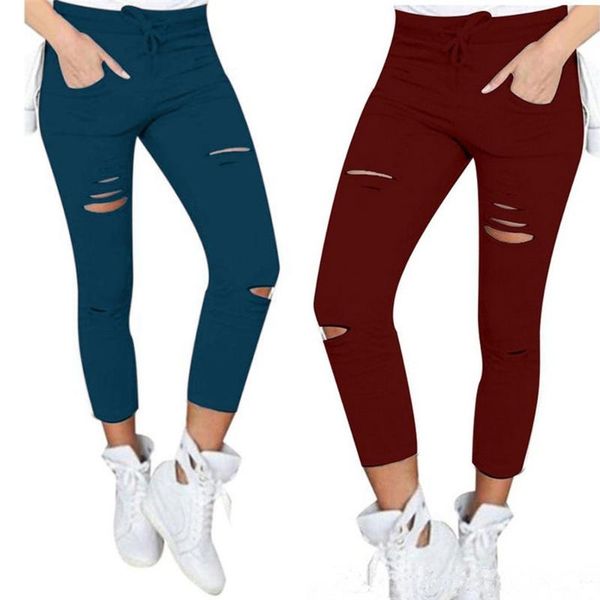 

jiayan women's pencil pants hole ripped jeans cotton casual leggings solid bottom trousers 2021 spring and summer new, Black;white