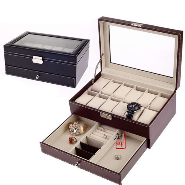 

double pu layer watch display box jewelry collection box ring earring multi function jewelry storage box wood, Slivery;brown