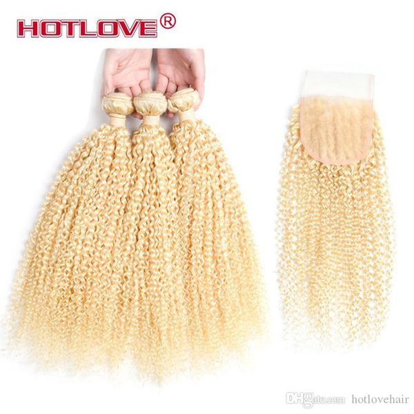 

brazilian virgin hair 3 bundles with closure #613 blonde kinky curly hair virgin brazilian hair honey blonde lace closure with bundles, Black;brown