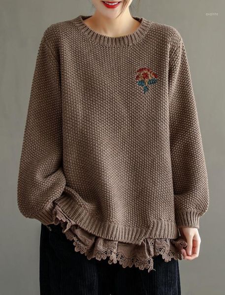 

autumn winter sweaters women retro floral lace loose corn kernels embroidery female wild knit 1, White;black
