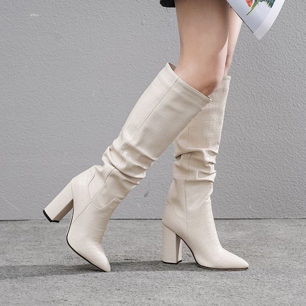 

plus size 34-43 new brand women boots thick high heels autumn winter boots cowboy western knee high boots women shoes, Black