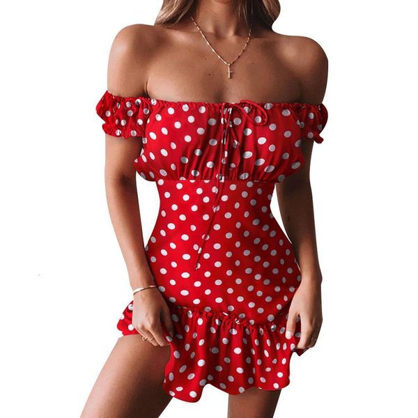 

women off shoulder polka dot print dress summer fashion ruffles bodycon mini dress puff sleeve boho beach party dress d30, Black;gray