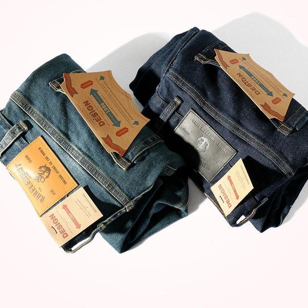 

2020 autumn new stretch jeans men's mid waist slim straight pencil pants washed old american casual retro jeans pants1, Blue