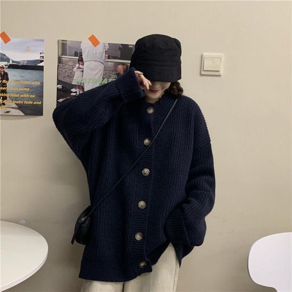 

solid color thickened t-neck sweater cardigan female student autumn winter loose long sleeve with knitted jacket, White