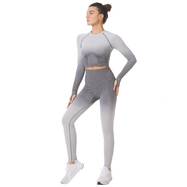 

sleeve dyeing yoga hanging gradient long exercise tight elastic breathable fitness suit, Gray