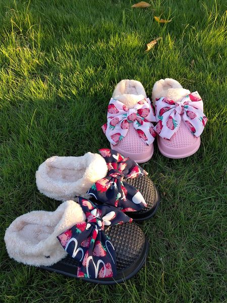 

butterfly-knot shoes for girls slippers flat slides winter footwear low lady massage butterfly-knot basic short plush pu with, Black