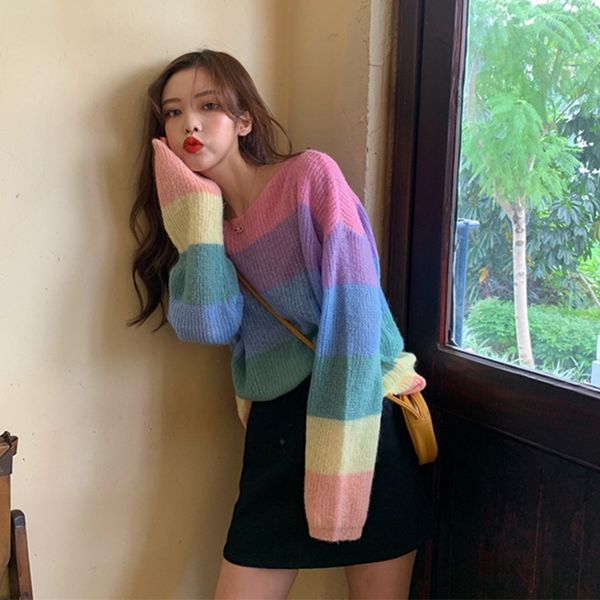 

women's sweaters korean ins chic ulzzang loose rainbow striped sweater female vintage kawaii cute svitsfor women y200720, White;black