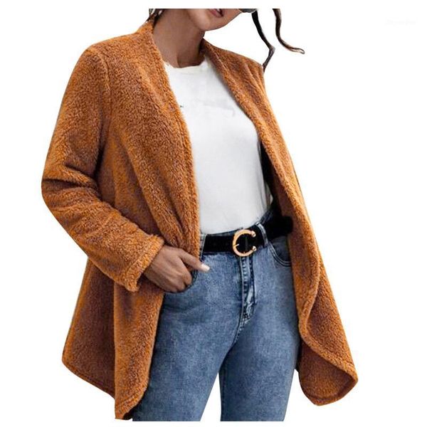 

women warm plush cardigan coat lapel fleece fuzzy solid color long sleeve warm outerwear jacket lady plush coat outwear #1161, Black