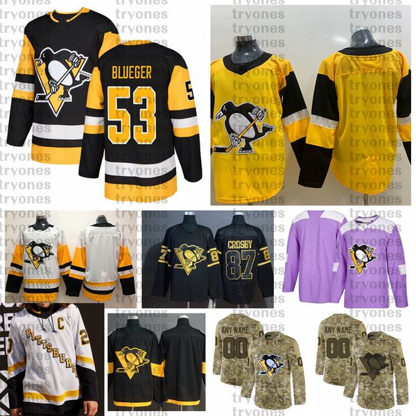 

2021 reverse retro customize #53 teddy blueger pittsburgh penguins jerseys golden edition camo veterans day fights cancer hockey jersey, Black;red