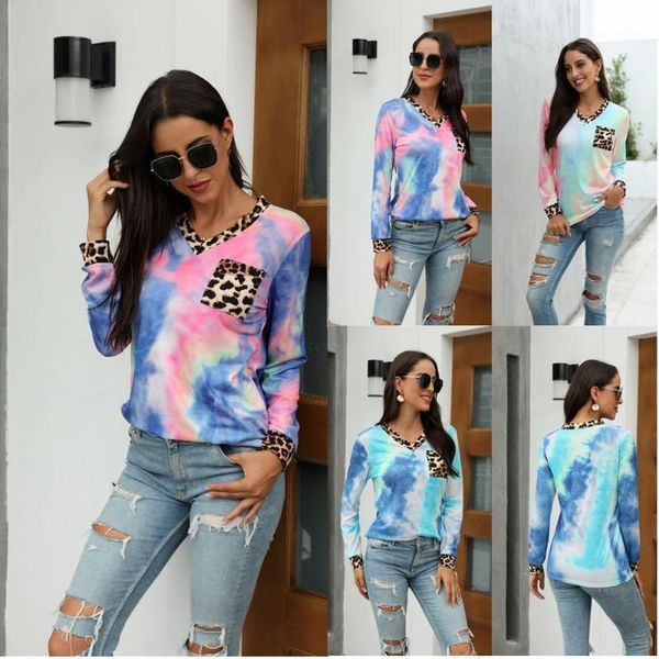 

women's blouses & shirts 2021 style european and american women's autumn winter v-neck tie-dye leopard print stitching long-sleeve, White