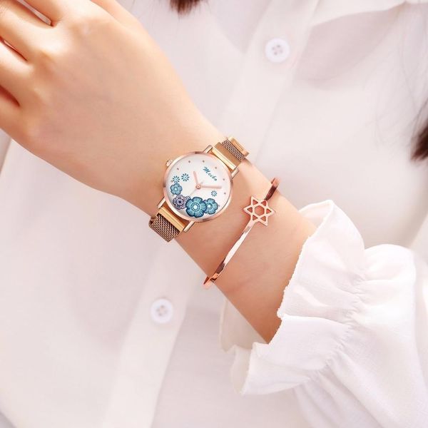 

fashion women magnet buckle flower watch luxury ladies rose stainless steel quartz watch for dropshipping clock wmtajm, Silver