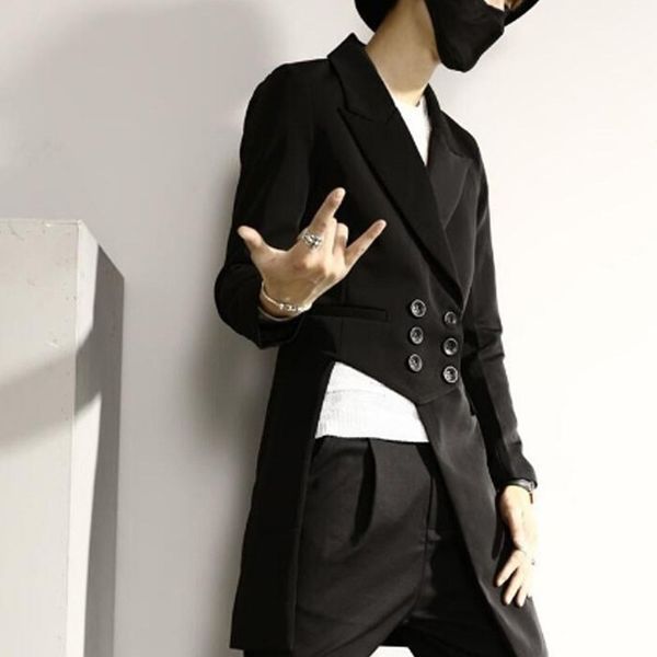 

man asymmetric casual slim fit long blazer double breasted wedding party hip hop punk suit jacket nightclub singer stage costume 201106, White;black
