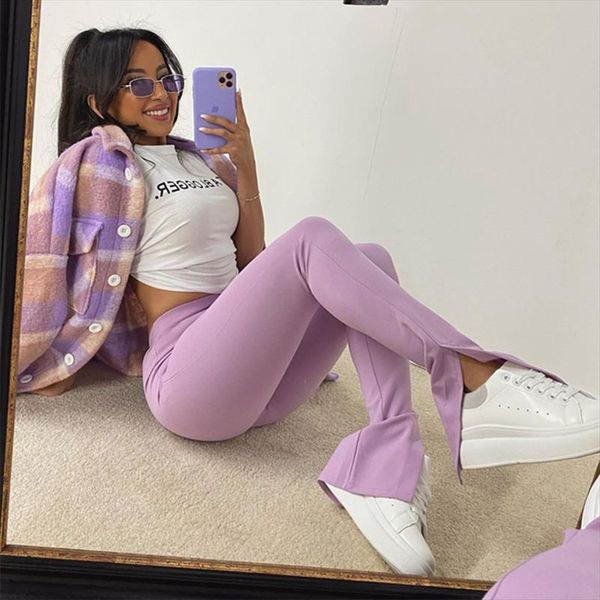 

slim high waist flare pants women summer clothes solid color skinny long trousers streetwear joggers women black side slit pants, Black;white