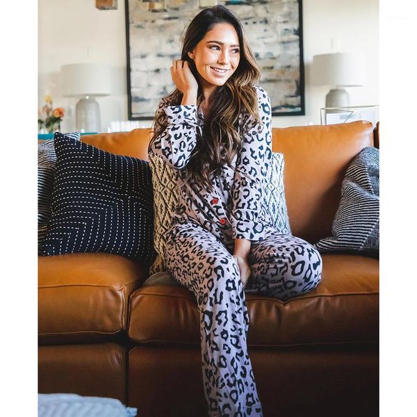 

sets single breasted lapel neck elastic waist pants ladies casual home clothing sets women leopard pajama, Black;red