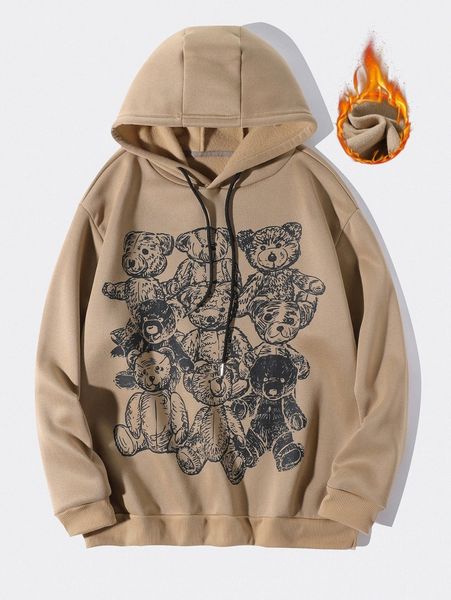 

men bear print drawstring thermal hoodie o1ya#, Black
